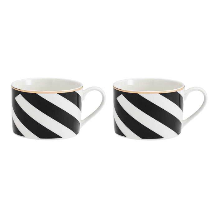 Mikasa Luxe Deco Set of 2 China Teacups and saucers with Geometric Stripe - 200ml - White / Black